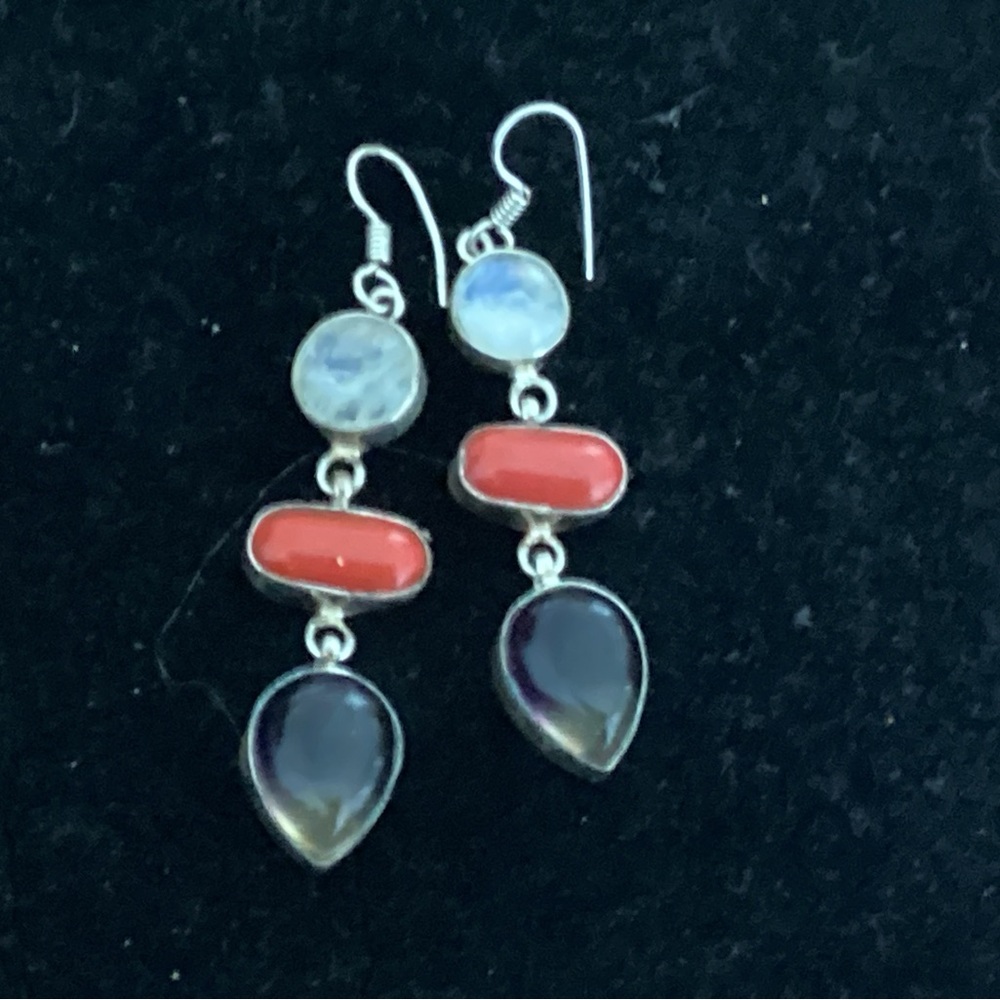 Long Silver Moonstone Coral Smoky Quartz Drop Earrings